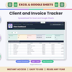 May include: A digital Client and Invoice Tracker spreadsheet for Excel and Google Sheets. The interface displays a Client Dashboard with metrics for active clients, leads, and invoices, plus a table listing top clients, companies, and balances.