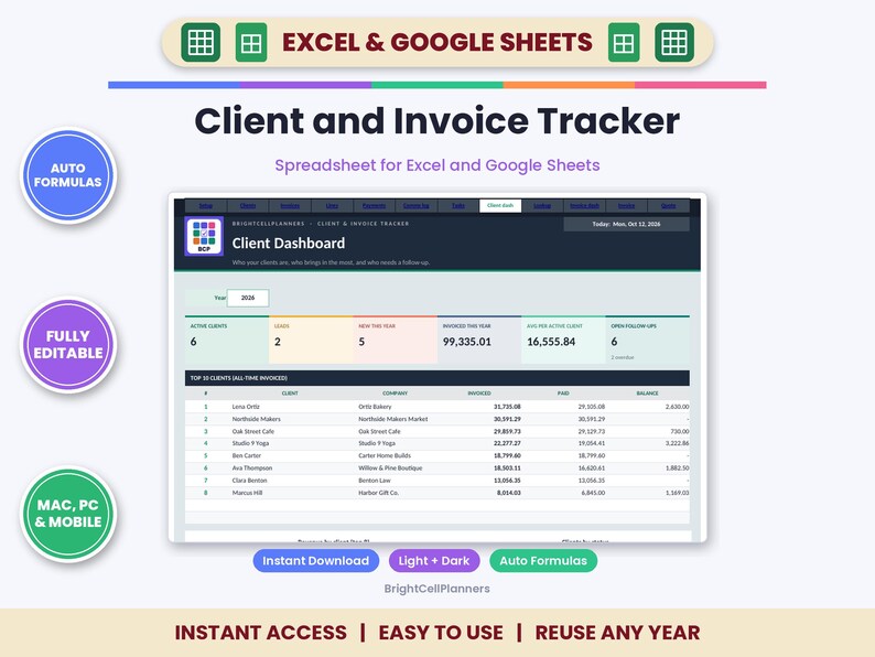 May include: A digital Client and Invoice Tracker spreadsheet for Excel and Google Sheets. The interface displays a Client Dashboard with metrics for active clients, leads, and invoices, plus a table listing top clients, companies, and balances.