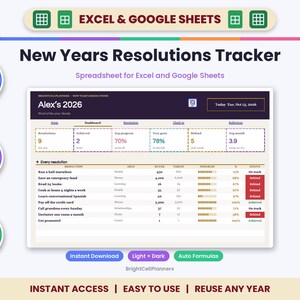 Może przedstawiać: Cyfrowy arkusz kalkulacyjny do śledzenia postanowień noworocznych dla program&oacute;w Excel i Google Sheets. Interfejs wyświetla pulpit nawigacyjny z metrykami postępu, listami postanowień i wskaźnikami statusu. Zawiera etykiety dotyczące automatycznych formuł, pełnej edycji i natychmiastowego pobierania.