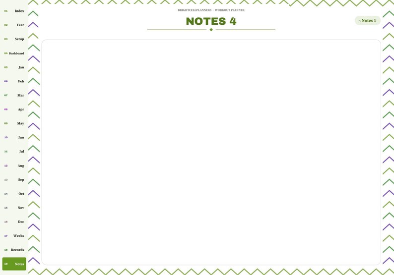 May include: A digital planner page titled NOTES 4 with a large central white rectangular space for writing. The left sidebar features navigation tabs labeled Index, Year, Setup, Dashboard, Jan through Dec, Weeks, Records, and Notes.