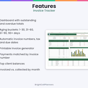 May include: An invoice tracker digital dashboard featuring a list of features including dashboard with outstanding and overdue totals, aging buckets, automatic invoice numbers, tax and due dates, printable invoice generator, and payment matching.