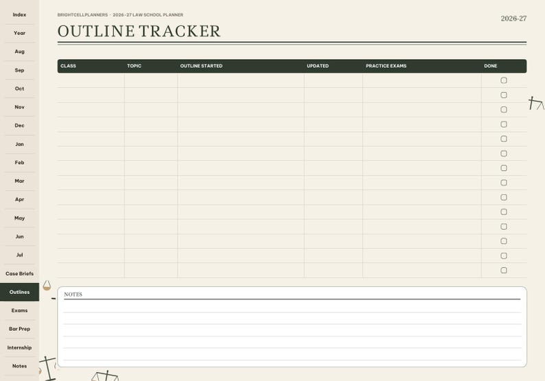 May include: A digital law school planner page titled OUTLINE TRACKER for 2026-27. The layout features a table with columns for Class, Topic, Outline Started, Updated, Practice Exams, and Done, plus a bottom section for Notes and side tabs.