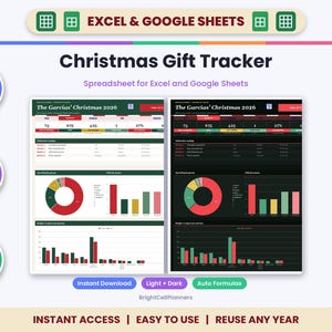 Puede incluir: Una hoja de c&aacute;lculo digital para el seguimiento de regalos de Navidad para Excel y Google Sheets con versiones en modo claro y oscuro. La interfaz muestra tablas de datos, gr&aacute;ficos de anillos y gr&aacute;ficos de barras para controlar presupuestos.