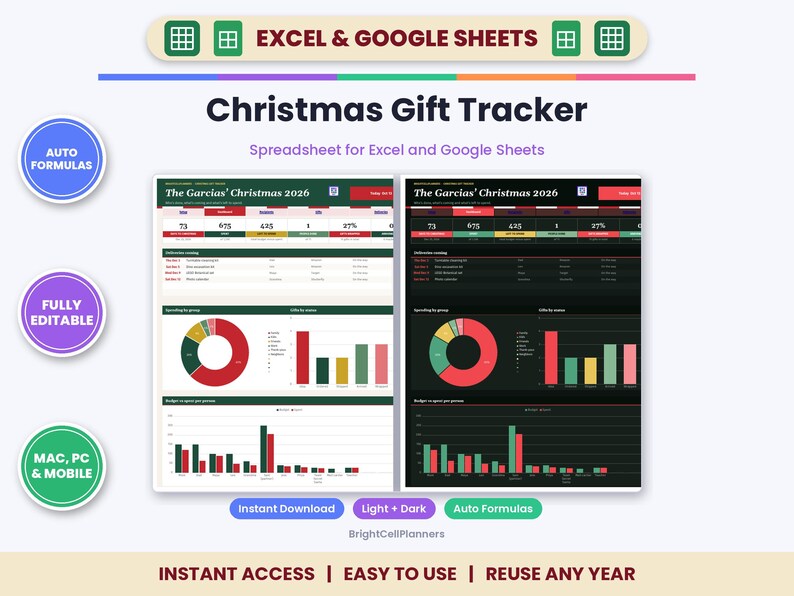 Puede incluir: Una hoja de c&aacute;lculo digital para el seguimiento de regalos de Navidad para Excel y Google Sheets con versiones en modo claro y oscuro. La interfaz muestra tablas de datos, gr&aacute;ficos de anillos y gr&aacute;ficos de barras para controlar presupuestos.