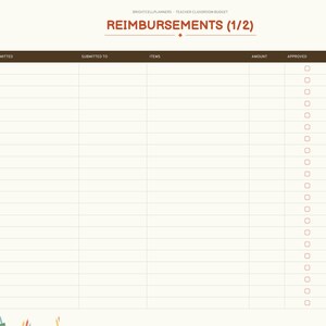May include: A digital planner page titled REIMBURSEMENTS (1/2) with a dark brown header row containing columns for Date Submitted, Submitted To, Items, Amount, Approved, and Paid Back, featuring checkboxes for tracking expenses.