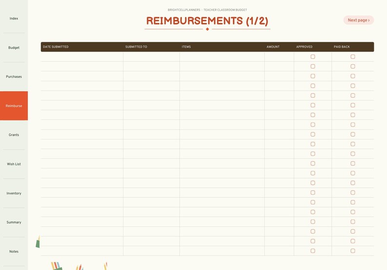 May include: A digital planner page titled REIMBURSEMENTS (1/2) with a dark brown header row containing columns for Date Submitted, Submitted To, Items, Amount, Approved, and Paid Back, featuring checkboxes for tracking expenses.