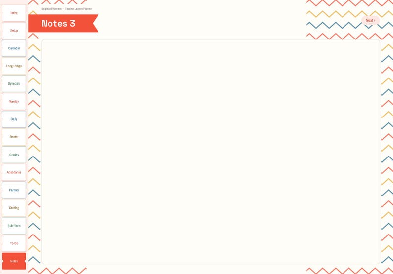May include: A digital planner page titled Notes 3 with a red banner at the top. The left sidebar features a vertical list of tabs including Index, Setup, Calendar, and To-Do. The border has a colorful chevron pattern in yellow, blue, and red.