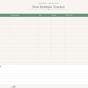 May include: A digital planner page titled New Hobbies Tracker with a green header row containing columns for hobby, class or group, cost, started, how it feels, and keep it. A sidebar features circular navigation buttons for various sections.