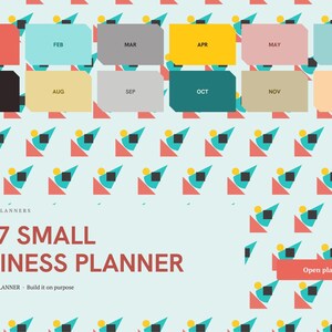 May include: A 2027 digital small business planner cover featuring a light blue background with a repeating geometric pattern of red triangles, teal shapes, and yellow circles. Twelve rectangular month tabs are displayed in various colors.