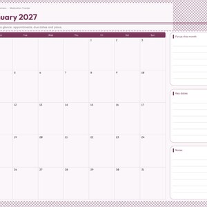 May include: A digital January 2027 monthly calendar planner page with a purple and white grid layout. The left side features navigation tabs for months and sections. The right side includes lined boxes for focus, key dates, and notes.