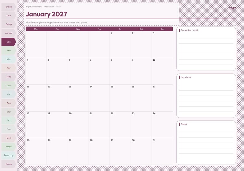 May include: A digital January 2027 monthly calendar planner page with a purple and white grid layout. The left side features navigation tabs for months and sections. The right side includes lined boxes for focus, key dates, and notes.