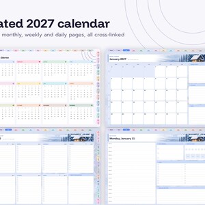 May include: A digital dated 2027 calendar featuring year, monthly, weekly, and daily planning pages. The interface displays a year-at-a-glance view, a January 2027 monthly grid, a weekly schedule, and a daily page with a winter cabin header.