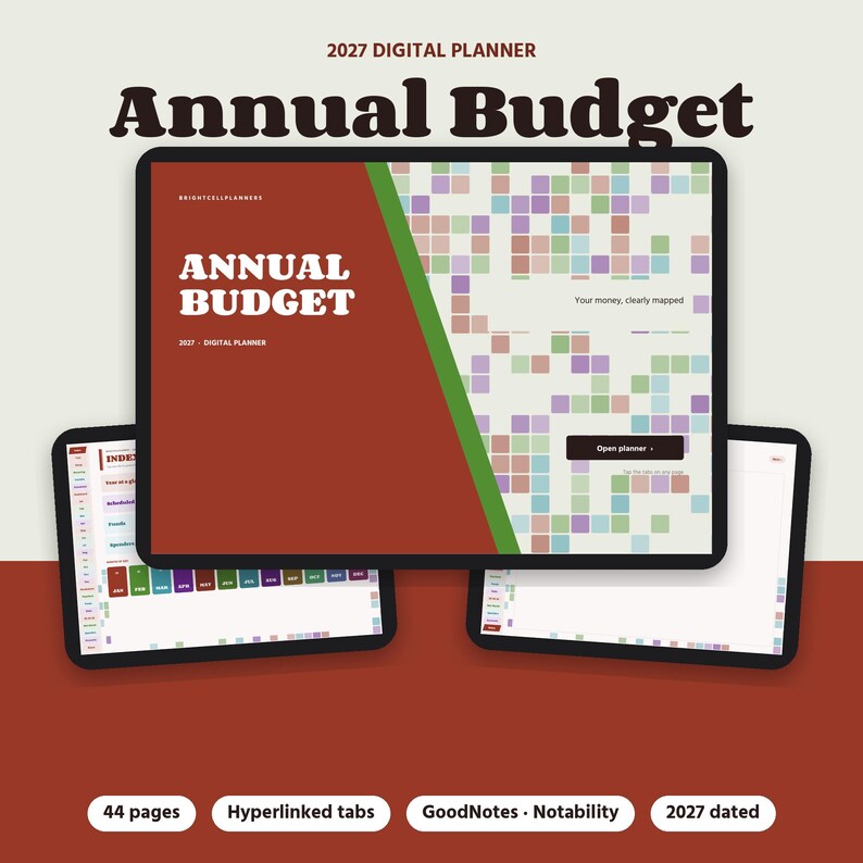 May include: A 2027 digital planner displayed on three tablet screens. The main screen features a dark red and green cover with the text Annual Budget and Your money, clearly mapped. The interface includes a grid of colorful squares and tabs.