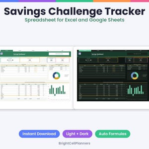 May include: A digital savings challenge tracker spreadsheet for Excel and Google Sheets featuring light and dark mode dashboards with tables, pie charts, and bar graphs. Text includes Savings Challenge Tracker, Savings Dashboard, and BrightCellPlanners.