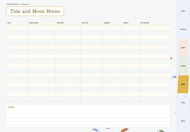 K&ouml;nnte beinhalten: Eine digitale Angel-Logbuchseite mit dem Titel Tide and Moon Notes mit Spalten f&uuml;r Datum, Mondphase, Flut, Ebbe, Sonnenaufgang, Sonnenuntergang und Bei&szlig;index. Das Layout enth&auml;lt einen unteren Bereich f&uuml;r Notizen und ein seitliches Men&uuml;.