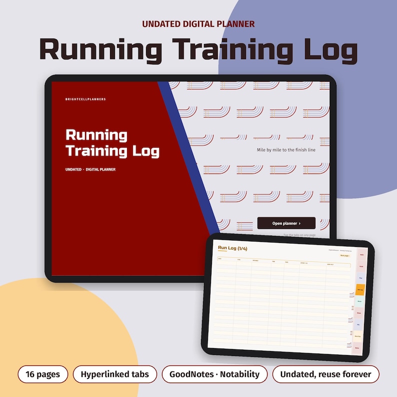 May include: An undated digital running training log planner displayed on two tablet screens. The cover features a dark red and white pattern with the text Running Training Log. The interior page shows a grid layout for tracking runs.