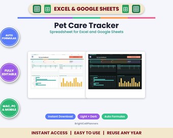 Hoja de cálculo para el seguimiento del cuidado de mascotas en Excel y Google Sheets: registro de vacunas para perros y gatos, visitas al veterinario, gastos de mascotas, peso.
