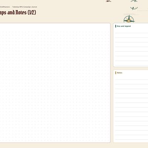 May include: A digital tabletop RPG campaign journal page titled Maps and Notes (1/2) with a left-hand navigation sidebar. The layout features a large central dot grid map area, a lined key and legend box, and a lined notes section.