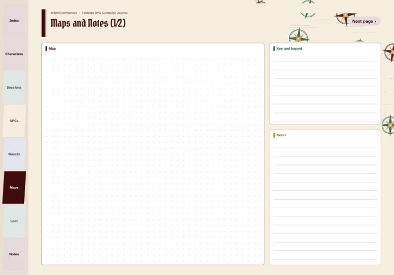 May include: A digital tabletop RPG campaign journal page titled Maps and Notes (1/2) with a left-hand navigation sidebar. The layout features a large central dot grid map area, a lined key and legend box, and a lined notes section.