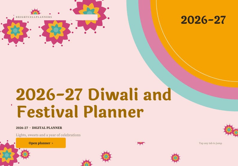 Pu&ograve; includere: Una copertina per agenda digitale intitolata 2026-27 Diwali and Festival Planner su sfondo rosa chiaro. Presenta motivi floreali colorati in magenta, giallo e turchese, un grande grafico circolare arancione e turchese e un pulsante arancione con l'etichetta Open planner.