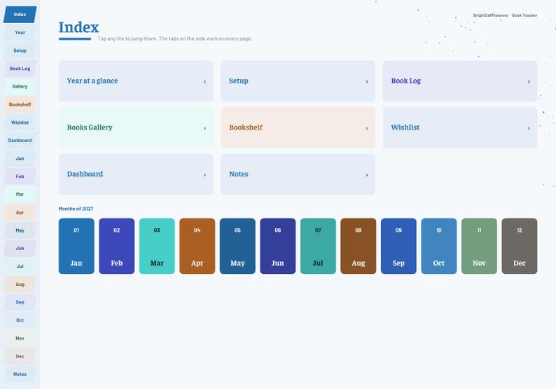 May include: A digital planner index page titled Index with a sidebar navigation menu. The layout features rectangular tiles labeled Year at a glance, Setup, Book Log, Books Gallery, Bookshelf, Wishlist, Dashboard, and Notes, plus twelve monthly buttons.