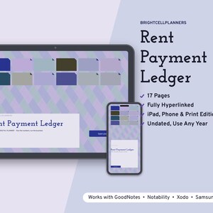 K&ouml;nnte beinhalten: Ein digitaler Rent Payment Ledger Planer auf einem Tablet und Smartphone. Die Benutzeroberfl&auml;che zeigt einen hellvioletten geometrischen Hintergrund, dunkelblauen Text und ein Raster aus farbigen Dokumentensymbolen. Der Text umfasst BRIGHTCELLPLANNERS, 17 Pages, Fully Hyperlinked, iPad, Phone & Print Editions, Undated, Use Any Year sowie Works with GoodNotes, Notability, Xodo, Samsung Notes.