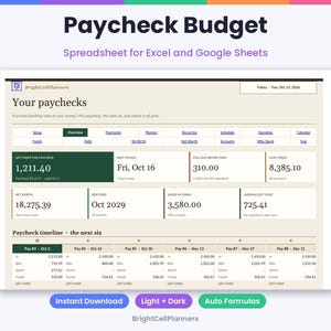May include: A digital Paycheck Budget spreadsheet for Excel and Google Sheets by BrightCellPlanners. The interface displays financial data including net worth, savings, and a paycheck timeline with columns for income, bills, and funds.