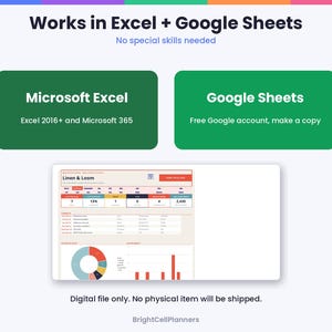 May include: A digital spreadsheet template for Excel and Google Sheets titled Linen & Loom. The graphic displays compatibility with Microsoft Excel 2016+ and 365, and Google Sheets. It features a dashboard with data tables, a pie chart, and bar graphs.