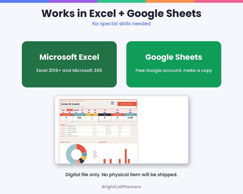 May include: A digital spreadsheet template for Excel and Google Sheets titled Linen & Loom. The graphic displays compatibility with Microsoft Excel 2016+ and 365, and Google Sheets. It features a dashboard with data tables, a pie chart, and bar graphs.