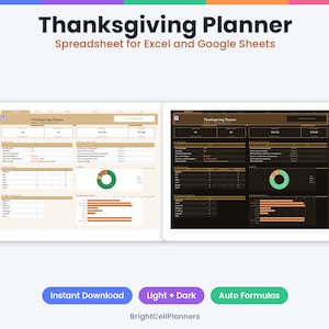 May include: A digital Thanksgiving Planner spreadsheet for Excel and Google Sheets, featuring light and dark mode versions. The interface displays tables, a donut chart, and bar graphs for holiday organization. Text includes "Thanksgiving Planner", "Spreadsheet for Excel and Google Sheets", "Instant Download", "Light + Dark", "Auto Formulas", and "BrightCellPlanners".
