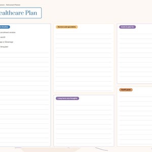K&ouml;nnte beinhalten: Eine digitale Gesundheitsplaner-Seite mit hellcremefarbenem Hintergrund. Die &Uuml;berschrift lautet Healthcare Plan. Sie enth&auml;lt Abschnitte f&uuml;r Medicare timeline, Doctors and specialists, Costs to plan for, Long-term care thoughts und Health goals mit Linien.