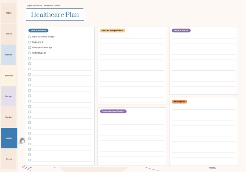 K&ouml;nnte beinhalten: Eine digitale Gesundheitsplaner-Seite mit hellcremefarbenem Hintergrund. Die &Uuml;berschrift lautet Healthcare Plan. Sie enth&auml;lt Abschnitte f&uuml;r Medicare timeline, Doctors and specialists, Costs to plan for, Long-term care thoughts und Health goals mit Linien.