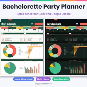 May include: A digital Bachelorette Party Planner spreadsheet for Excel and Google Sheets, shown in light and dark modes. The interface displays task lists, budget categories, pie charts, and bar graphs for event tracking, with the title Maya's Bachelorette.
