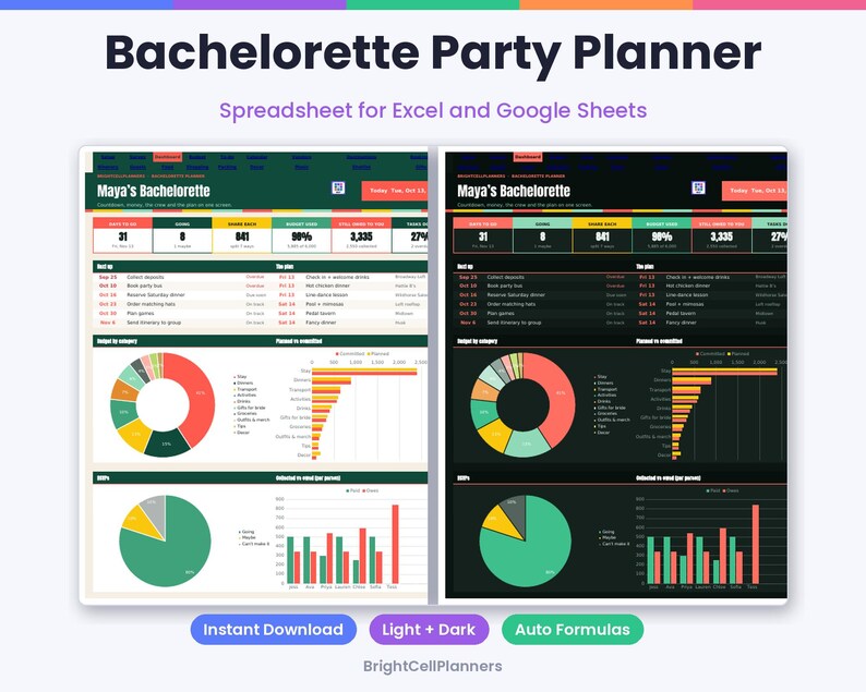 May include: A digital Bachelorette Party Planner spreadsheet for Excel and Google Sheets, shown in light and dark modes. The interface displays task lists, budget categories, pie charts, and bar graphs for event tracking, with the title Maya's Bachelorette.