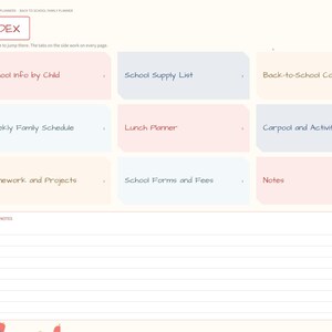 May include: A digital planner index page featuring a sidebar with navigation tabs and a grid of rectangular tiles labeled School Info by Child, School Supply List, Back-to-School Countdown, Weekly Family Schedule, Lunch Planner, and Carpool.