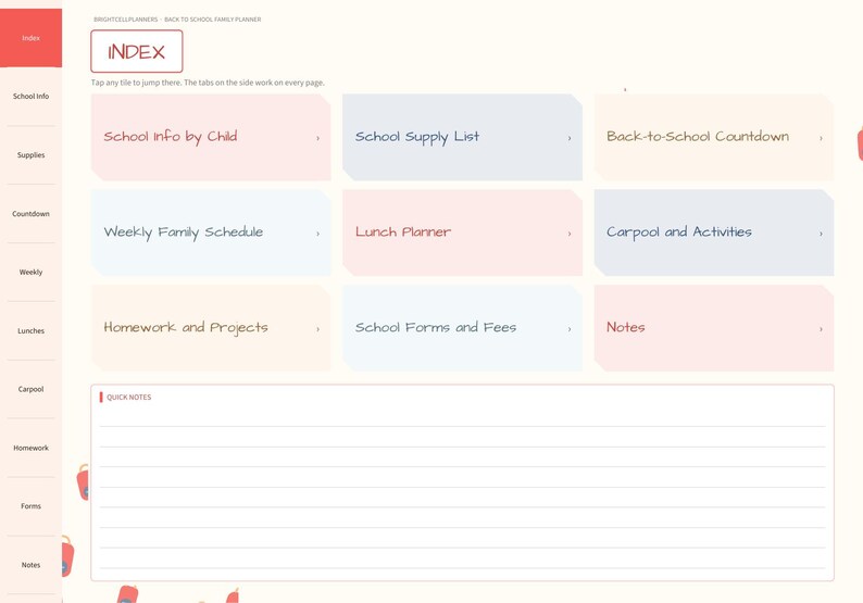 May include: A digital planner index page featuring a sidebar with navigation tabs and a grid of rectangular tiles labeled School Info by Child, School Supply List, Back-to-School Countdown, Weekly Family Schedule, Lunch Planner, and Carpool.