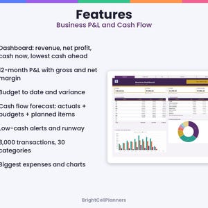 May include: A digital business dashboard display showing P&L and cash flow features. The list includes revenue, net profit, 12-month P&L, budget variance, cash flow forecasts, low-cash alerts, 3,000 transactions, and expense charts.