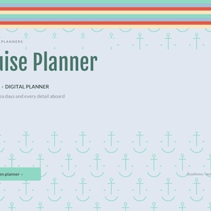 May include: A digital cruise planner with a light blue background featuring a repeating pattern of small teal anchors. The text reads BRIGHTCELLPLANNERS, Cruise Planner, UNDATED DIGITAL PLANNER, Port days, sea days and every detail aboard.
