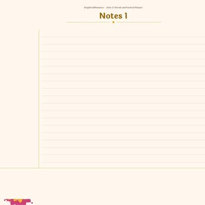 Pu&ograve; includere: Una pagina di agenda digitale intitolata Notes 1 con sfondo color crema. La barra laterale sinistra elenca Index, Year, i mesi da Sep ad Aug, Festivals, Diwali, Puja, Menu, Gifts, Rangoli e Notes. L'area principale presenta carta a righe.