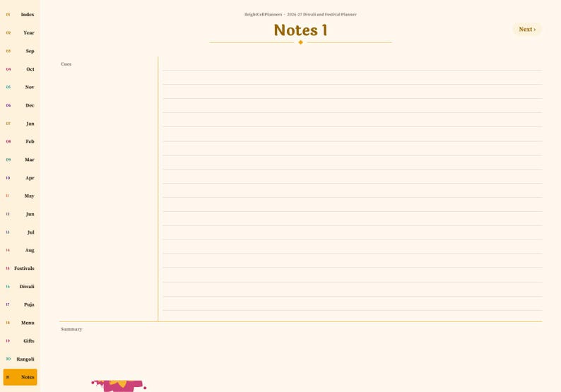 Pu&ograve; includere: Una pagina di agenda digitale intitolata Notes 1 con sfondo color crema. La barra laterale sinistra elenca Index, Year, i mesi da Sep ad Aug, Festivals, Diwali, Puja, Menu, Gifts, Rangoli e Notes. L'area principale presenta carta a righe.