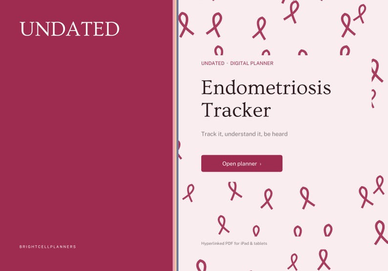 May include: A digital planner cover featuring a deep magenta left panel with the text UNDATED and BRIGHTCELLPLANNERS. The right panel is light pink with a pattern of small magenta ribbons, the text Endometriosis Tracker, and a button labeled Open planner.