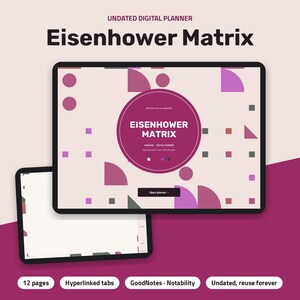 Peut inclure: Un planificateur num&eacute;rique non dat&eacute; intitul&eacute; Eisenhower Matrix affich&eacute; sur deux &eacute;crans de tablette. L'interface pr&eacute;sente un cercle central violet fonc&eacute; avec du texte blanc, entour&eacute; de formes g&eacute;om&eacute;triques roses et grises sur fond clair.