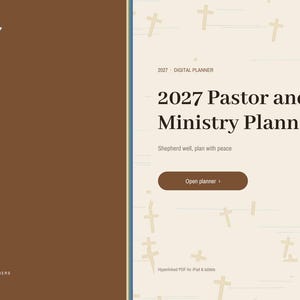 K&ouml;nnte beinhalten: Eine digitale Planer-Oberfl&auml;che mit einem braunen linken Bereich, der den Text 2027 und BRIGHTCELLPLANNERS enth&auml;lt. Der rechte Bereich ist cremefarben mit einem Kreuzmuster und zeigt 2027 Pastor and Ministry Planner, Shepherd well, plan with peace sowie eine Schaltfl&auml;che Open planner.