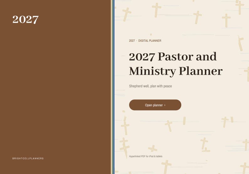 K&ouml;nnte beinhalten: Eine digitale Planer-Oberfl&auml;che mit einem braunen linken Bereich, der den Text 2027 und BRIGHTCELLPLANNERS enth&auml;lt. Der rechte Bereich ist cremefarben mit einem Kreuzmuster und zeigt 2027 Pastor and Ministry Planner, Shepherd well, plan with peace sowie eine Schaltfl&auml;che Open planner.