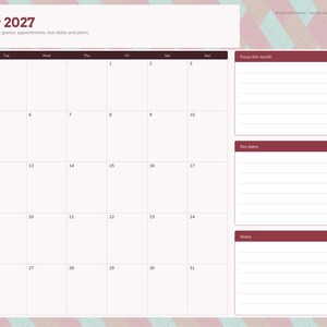 Op de afbeelding: Een digitale maandkalenderpagina voor januari 2027 met een kastanjebruine koptekst en raster. De lay-out bevat secties voor Focus this month, Key dates en Notes, met een verticale navigatiebalk aan de rechterkant in pastelkleuren.