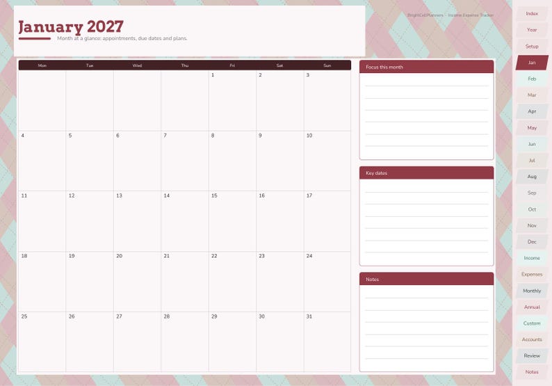 Op de afbeelding: Een digitale maandkalenderpagina voor januari 2027 met een kastanjebruine koptekst en raster. De lay-out bevat secties voor Focus this month, Key dates en Notes, met een verticale navigatiebalk aan de rechterkant in pastelkleuren.