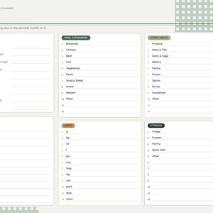 May include: A digital meal planner setup page for 2027 with a light green and white color scheme. The layout includes sections for kitchen details, meal categories, store aisles, notes, units, and storage, with a navigation sidebar on the right.