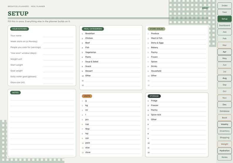 May include: A digital meal planner setup page for 2027 with a light green and white color scheme. The layout includes sections for kitchen details, meal categories, store aisles, notes, units, and storage, with a navigation sidebar on the right.
