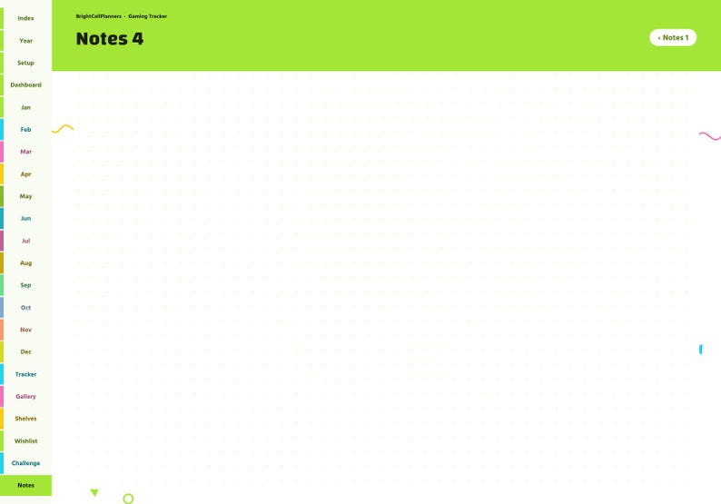 Pu&ograve; includere: Una pagina di agenda digitale intitolata Notes 4 con un'intestazione verde lime brillante. Il layout presenta una barra di navigazione laterale sinistra con schede per Index, Year, Setup, Dashboard, i mesi da Jan a Dec, Tracker, Gallery, Shelves, Wishlist, Challenge e Notes.