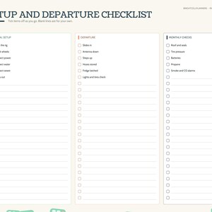 May include: A digital planner page titled SETUP AND DEPARTURE CHECKLIST with three columns for Arrival Setup, Departure, and Monthly Checks. Each column features checkboxes and blank lines for tasks. The left sidebar lists categories including Index, Rig, Campgrounds, Maintenance, Route, Fuel, Dump Station, Checklist, and Notes.